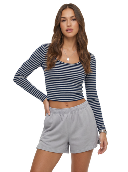 Soft Stretch Striped Long Sleeve Crop Top
