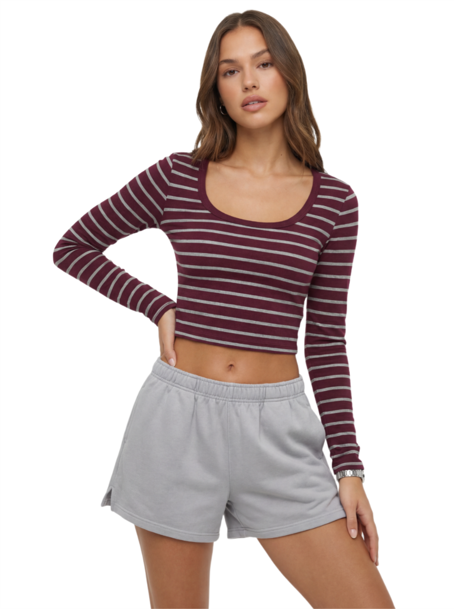 Soft Stretch Striped Long Sleeve Crop Top