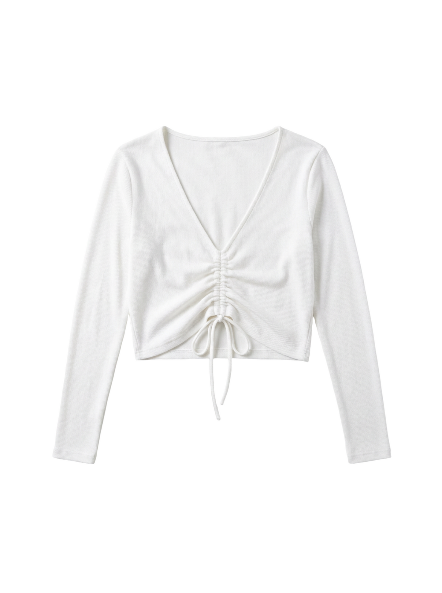 White Ruched V-Neck Long Sleeve Top