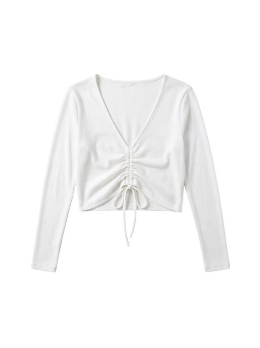 White Ruched V-Neck Long Sleeve Top
