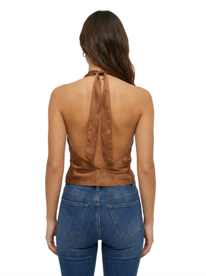 Satin Halter Tie-Back Cowl Top