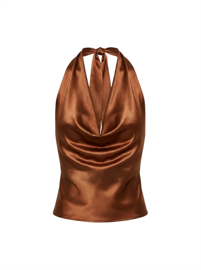 Satin Halter Tie-Back Cowl Top
